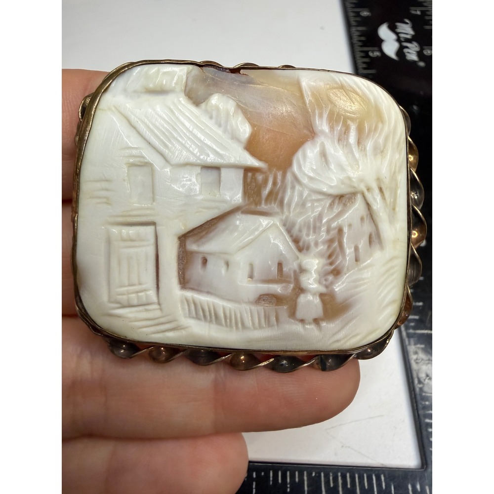 Hand Carved Shell Cameo Brooch Village Landscape Scene Twisted Metal Frame